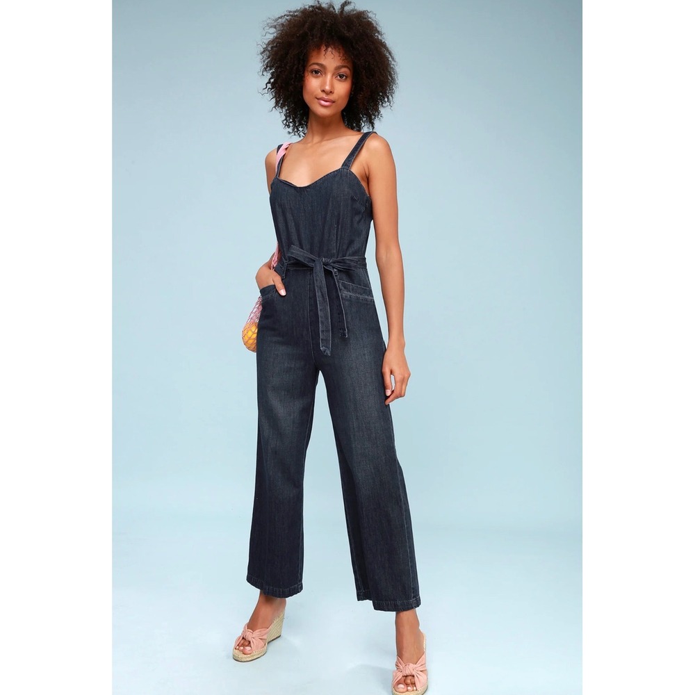 Paige Denim Emma Jumpsuit Womens XS Dark Blue Wide Leg Tie Waist 100% Cotton